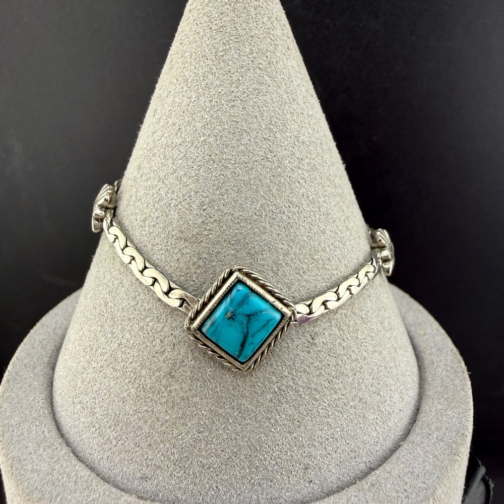 Vintage Goldette Bracelet Silver Tone Square Polished Stone 7in